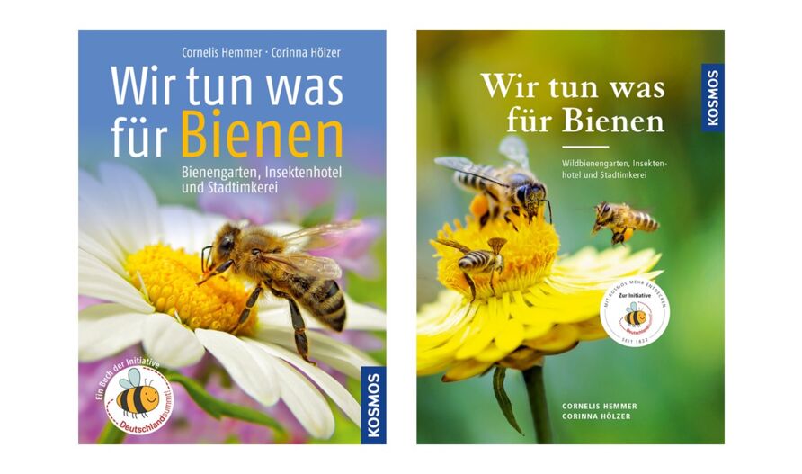 Buch „Wir tun was für Bienen – Bienengarten, Insektenhotel und Stadtimkerei“; links erste Auflage von 2013, rechts zweite Auflage von 2017