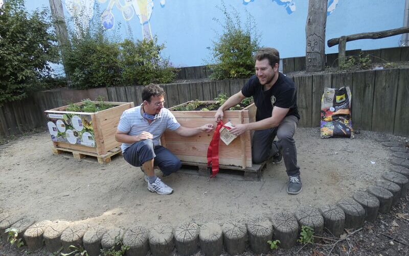 Matthias Schüller und Dominik Jentzsch weihen ein Hochbeet ein.